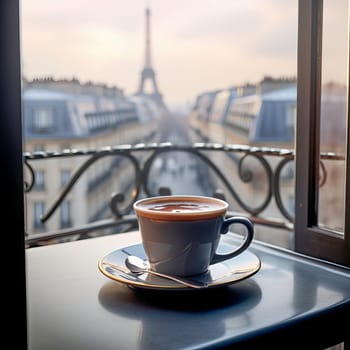 A cup of coffee on the windowsill with a view of the city of Paris. Ai art
