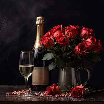 Valentines day hearts background with wine and flowers. High quality photo