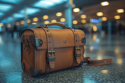 A close-up of a brown leather travel bag with multiple straps and buckles rests on a tiled floor. The bag is positioned in an airport, with blurred lights and background elements suggesting a bustling atmosphere. The bags worn leather and vintage design evoke a sense of adventure and journey.