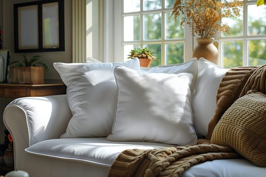 A white sofa with a brown throw blanket and fluffy white pillows sits in a sunlit living room. The sunlight streams in through the large window, illuminating the couch and casting soft shadows on the surrounding area.