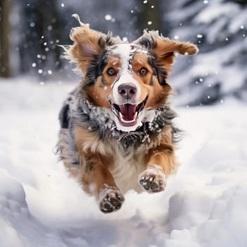 Dog running in deep snow. Ai art. High quality photo