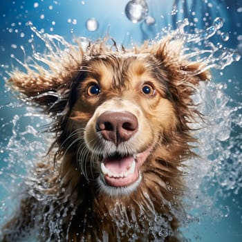 Joyful dog swims in the pool. Summer vacation concept. Ai art.