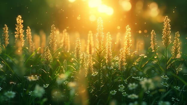 A beautiful meadow is bathed in the warm glow of the setting sun. Tall blades of grass and delicate wildflowers stand tall, illuminated by the golden light. Tiny white flowers dot the ground, adding to the scenes beauty. The air is filled with a soft, ethereal light, creating a dreamy atmosphere.