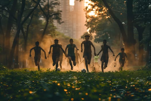 A group of boys, silhouetted against the setting sun, run across a grassy field while playing soccer in an urban park. Dust kicks up as they chase the ball, their joyful energy filling the scene.