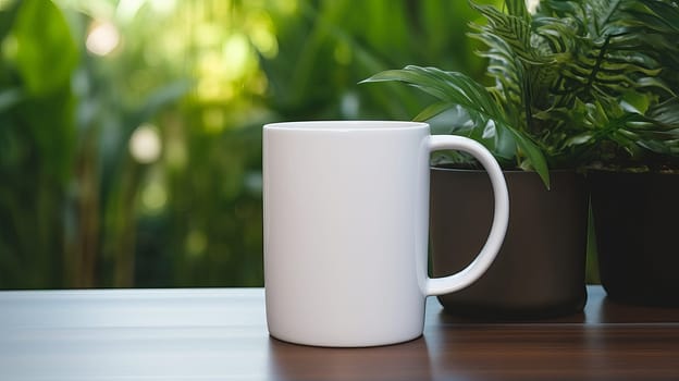 A white coffee mug on a table next to a plant. Ai art