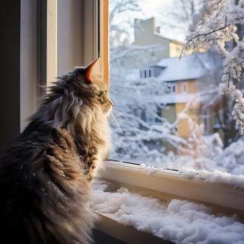 Cat looks out the window at the snow. High quality photo