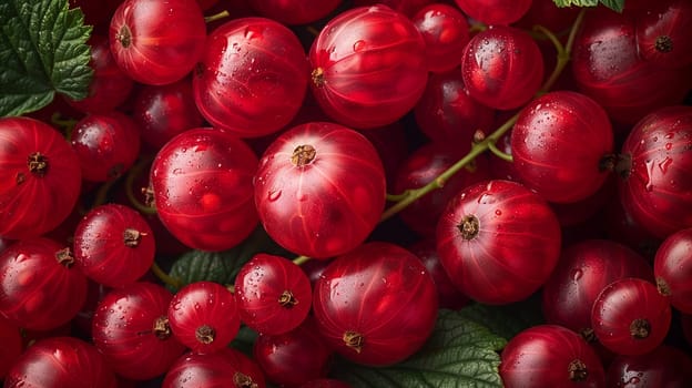 This image shows a close-up of a cluster of ripe red currants, with a few green leaves visible around the edges. The currants are shiny and appear to be wet, perhaps from rain or dew. The image has a shallow depth of field, with the currants in focus and the background slightly blurred.