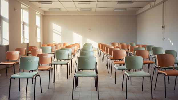 Empty classrom with a lot of chair with no student. Ai art. High quality photo