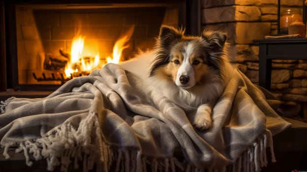 The dog lies on a blanket by the burning fireplace in the room in the evening. Ai art.