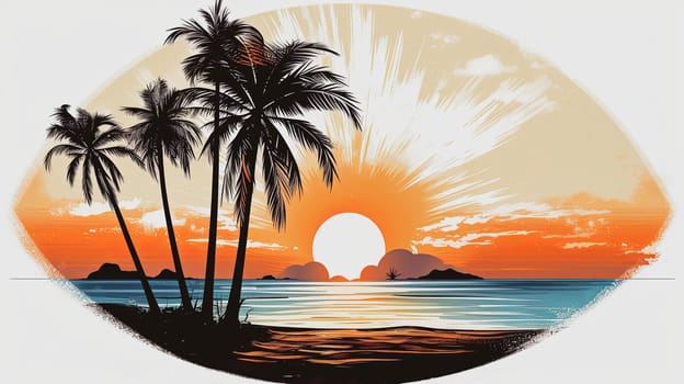 Round graphic palm tree and sun. Sunset on the sea. Ai generadet art. High quality photo