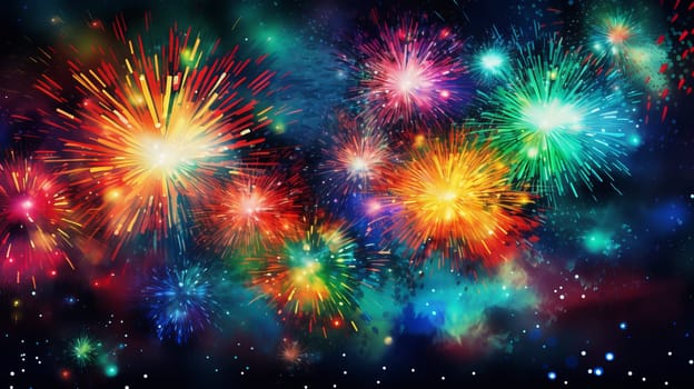 Beautiful and colorful fireworks in the night sky. Ai art