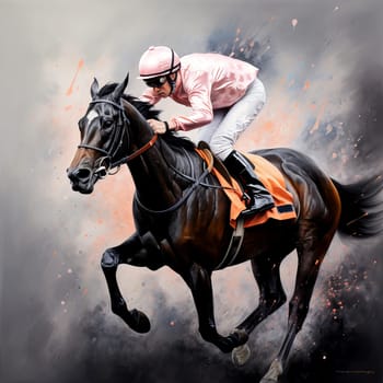 A rider rides a black thoroughbred horse at the races. AI art