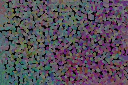 Multicolored round spots on black background. Background of small geometric, round shapes of blue, purple, different colors.