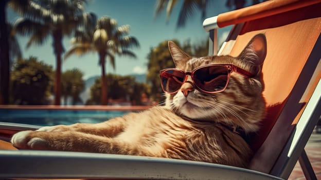 Cat with sunglasses lies on a sun lounger by the pool. Ai art. High quality photo