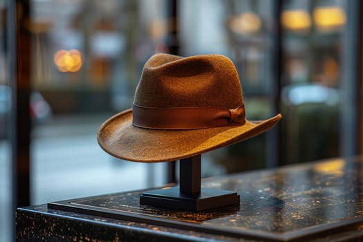This image shows a brown fedora hat displayed on a black stand in a shop window. The hat is made of felt and has a brown ribbon around the crown with a bow. The background is out of focus, but you can see a blurry view of a city street through the window.