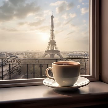 A cup of coffee on the windowsill with a view of the city of Paris. Ai art