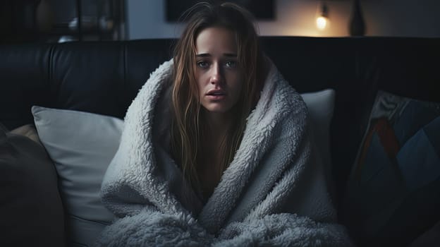 A girl sits wrapped in a blanket in the evening. High quality photo