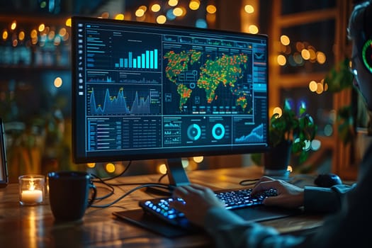 A person works late at night at a desk, focused on a computer screen. The screen displays several charts and graphs, including a world map showing data points, line charts, and bar graphs. The room is dimly lit, with string lights adding a warm glow.
