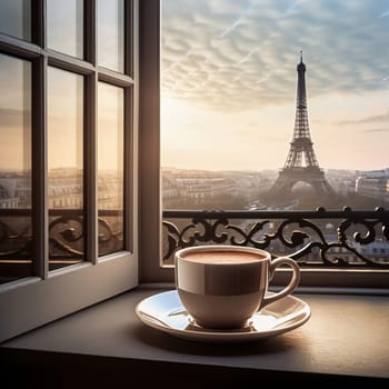 A cup of coffee on the windowsill with a view of the city of Paris. Ai art