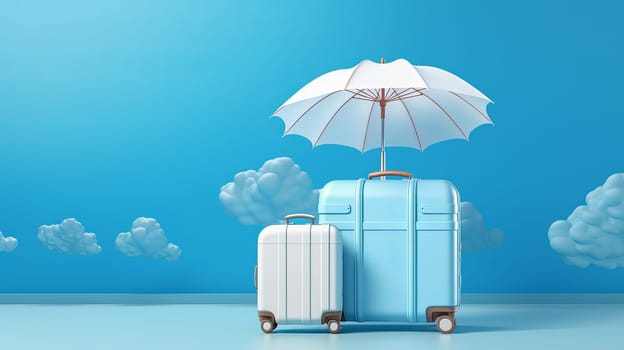 Travel suitcases and umbrella on blue. Vacation concept. Ai generadet art. High quality photo