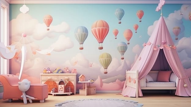 Background in pastel colors for children with clouds, balls, and flying air balloons. Ai art