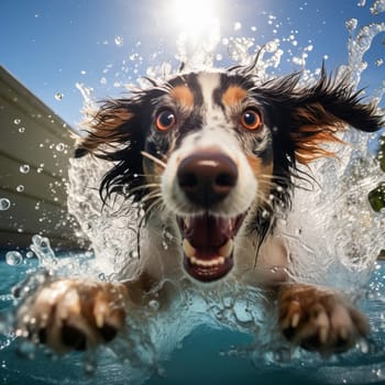 Joyful dog swims in the pool. Summer vacation concept. Ai art.