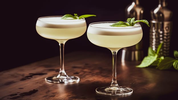 Two glass white cocktail on a dark background. Ai art. High quality photo