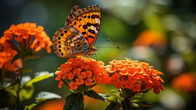 Beautiful multi-colored butterfly on a flower. Beauty in nature. Ai art.