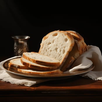 Bread on a plate on a dark background. Ai art. High quality photo
