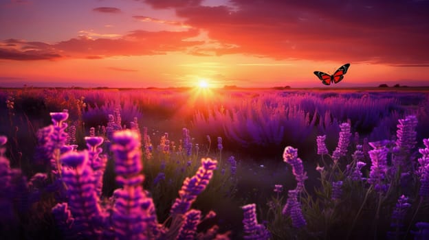 Beautiful landscape sunset field with lavender flowers. Ai art