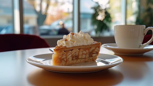 Apple pie on a white table and cup of caffe in a cafe. High quality photo