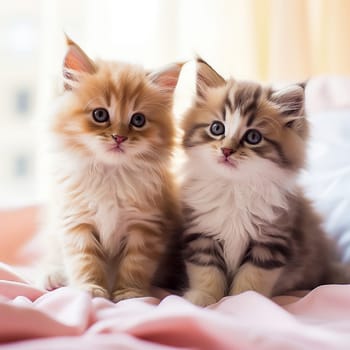 Little cute kittens sitting on the bed on a blanket. Ai art