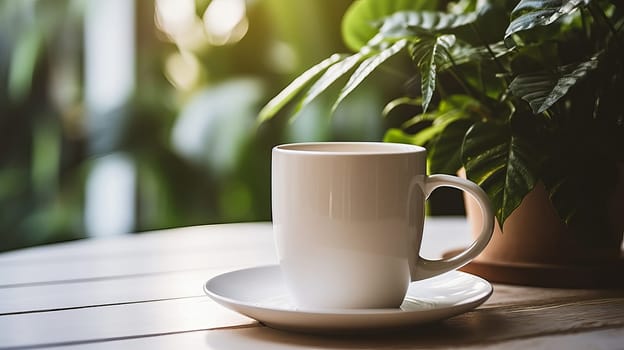 A white coffee mug on a table next to a plant. Ai art