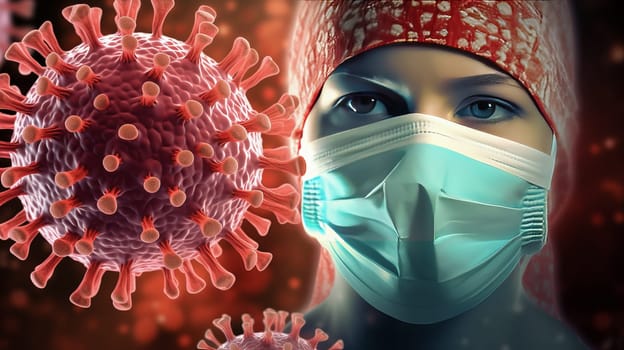 Face of a doctor in a medical mask against the background of a virus. Pandemic medical concept. Ai art. High quality photo