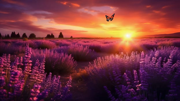 Beautiful landscape sunset field with lavender flowers. Ai art