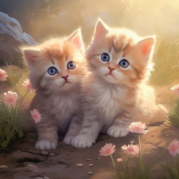 Little cute kittens sitting on the bed on a blanket. Ai art