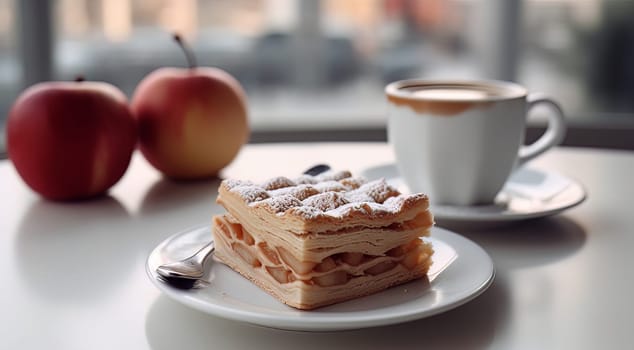 Apple pie on a white table and cup of caffe in a cafe. High quality photo