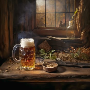 Glass of cold beer on the table. Ai art