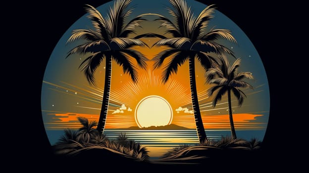 Round graphic palm tree and sun. Sunset on the sea. Ai generadet art. High quality photo