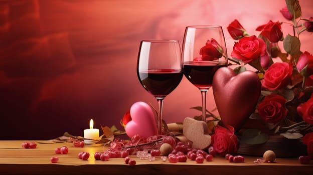 Valentines day hearts background with wine and flowers. High quality photo