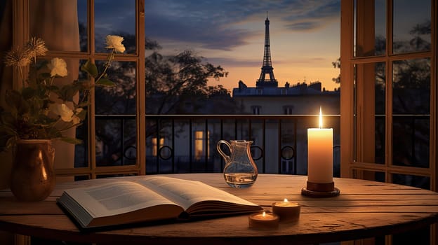 An open window overlooking evening city with a book on the table and a candle. High quality photo