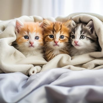 Little cute kittens sitting on the bed on a blanket. Ai art