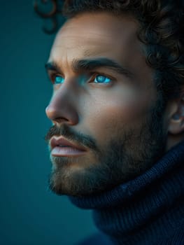A close-up portrait of a man with blue eyes looking upwards. He is wearing a blue turtleneck sweater and has a short beard. The background is a dark blue color.