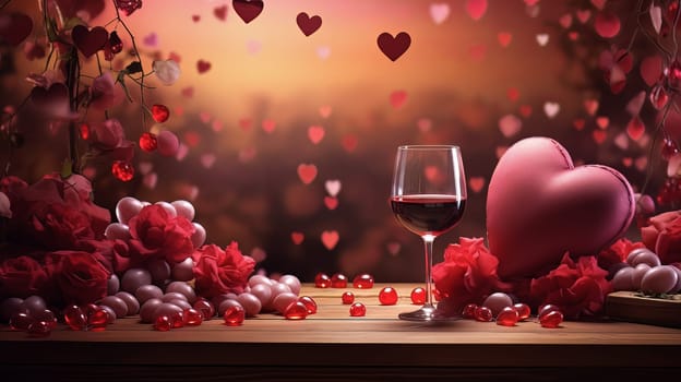 Valentines day hearts background with wine and flowers. High quality photo