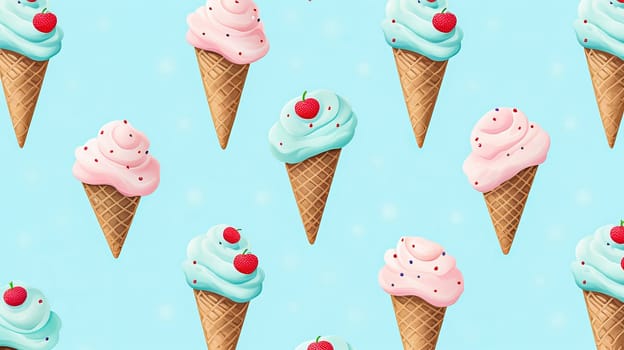 Ice cream pattern on patel blue background. Ai art