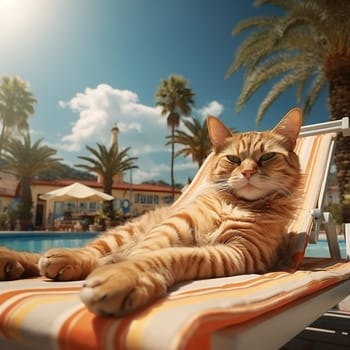 Cat with sunglasses lies on a sun lounger by the pool. Ai art. High quality photo