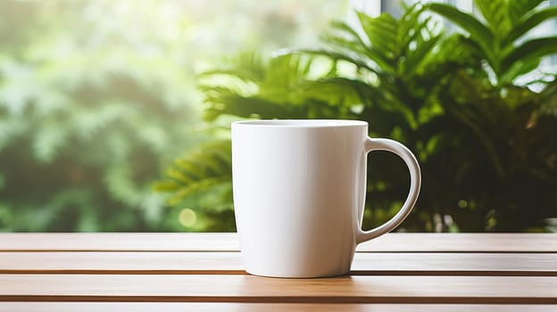 A white coffee mug on a table next to a plant. Ai art