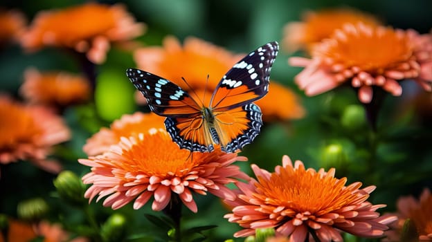 Beautiful multi-colored butterfly on a flower. Beauty in nature. Ai art.