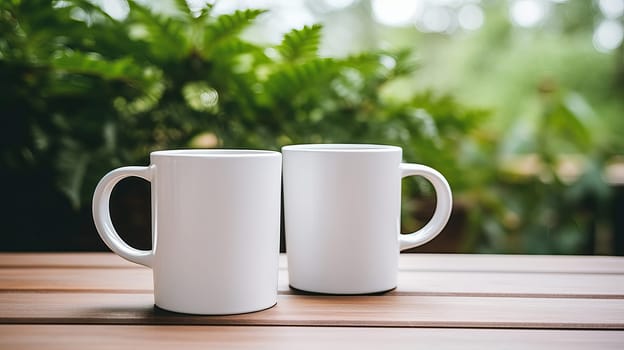 A white coffee mug on a table next to a plant. Ai art