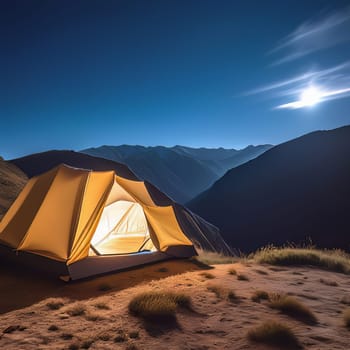 Camping tent in nature at night.